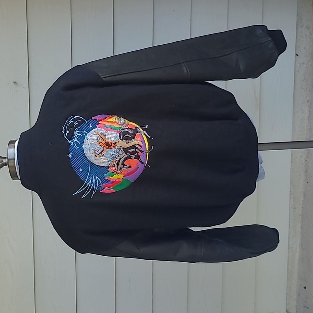 GOLDEN BEAR Black Wool Leather Indian Pattern Sz‎ XL Varsity Bomber Jacket VTG